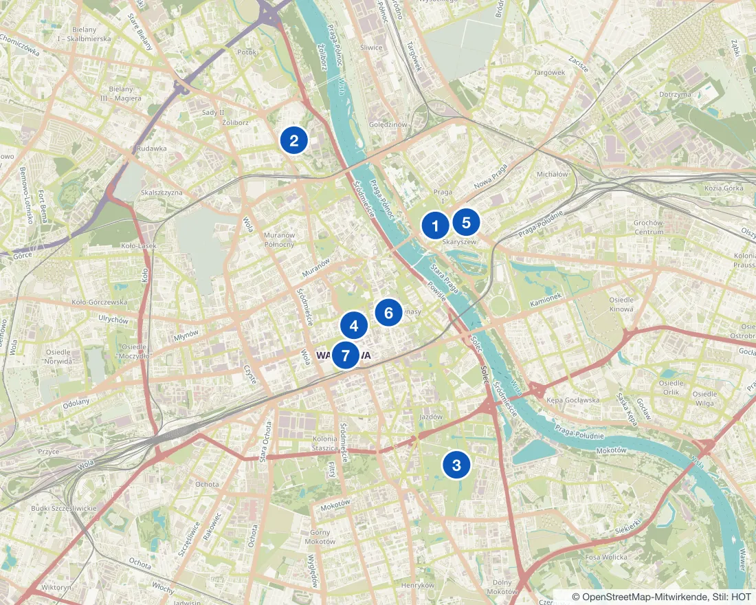 Karte mit den 7 Orten aus diesem Artikel, nummeriert