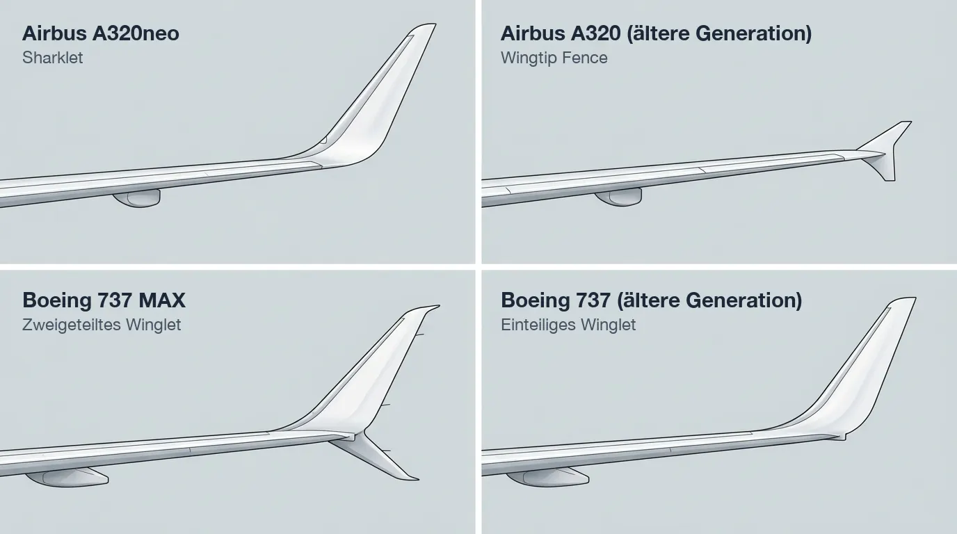 Illustration der vier Flügelspitzen im Vergleich: Sharklet des A320neo, Wingtip Fence des älteren A320, zweigeteiltes Winglet der 737 MAX und einteiliges Winglet der älteren 737