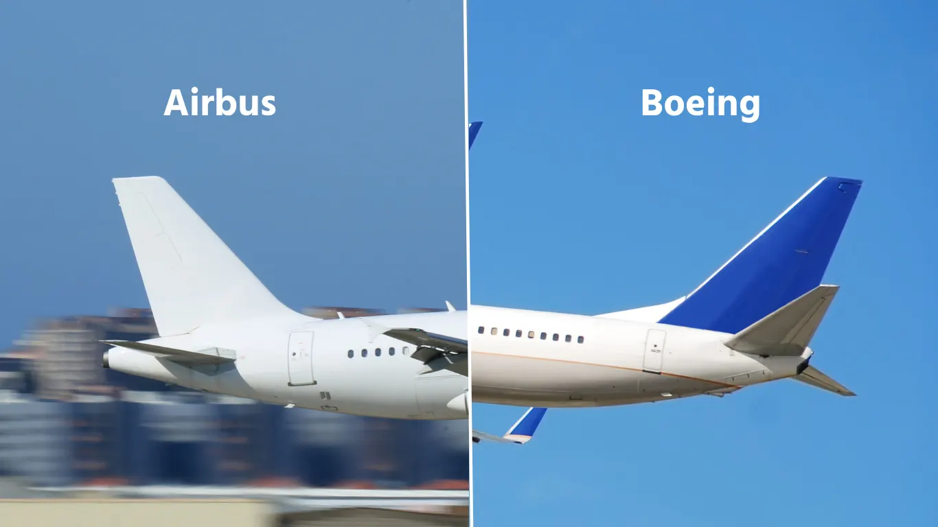 Heck im Vergleich: links Airbus A320-Familie, rechts Boeing 737 mit kurzem Heckkonus unter dem Seitenruder