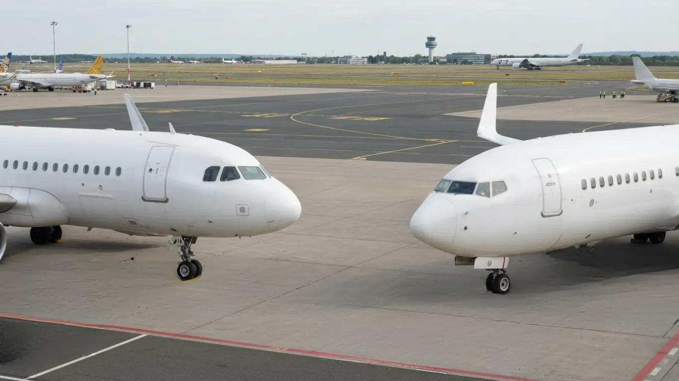 Airbus A320 und Boeing 737 frontal nebeneinander auf dem Vorfeld: links die runde Airbus-Nase, rechts die spitzere Boeing-Nase