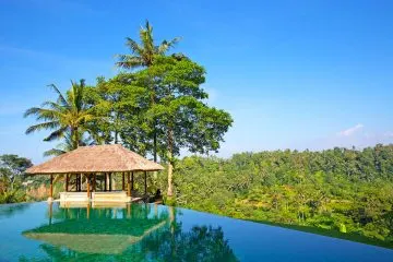 Infinity-Pool mit strohgedecktem Pavillon und Palmen über dem Regenwald auf Bali