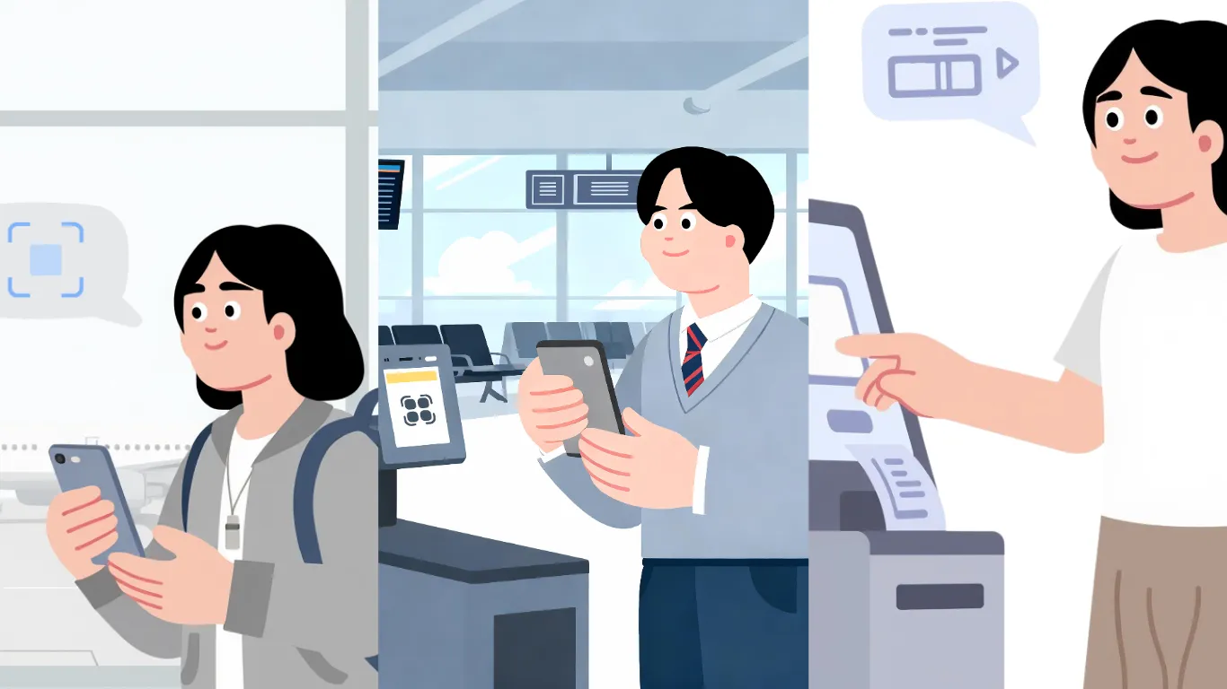 Illustration in drei Bildern: Eine Person scannt mit dem Smartphone, eine Person hält die digitale Bordkarte an ein Lesegerät, eine Person tippt auf einen Check-in-Automaten