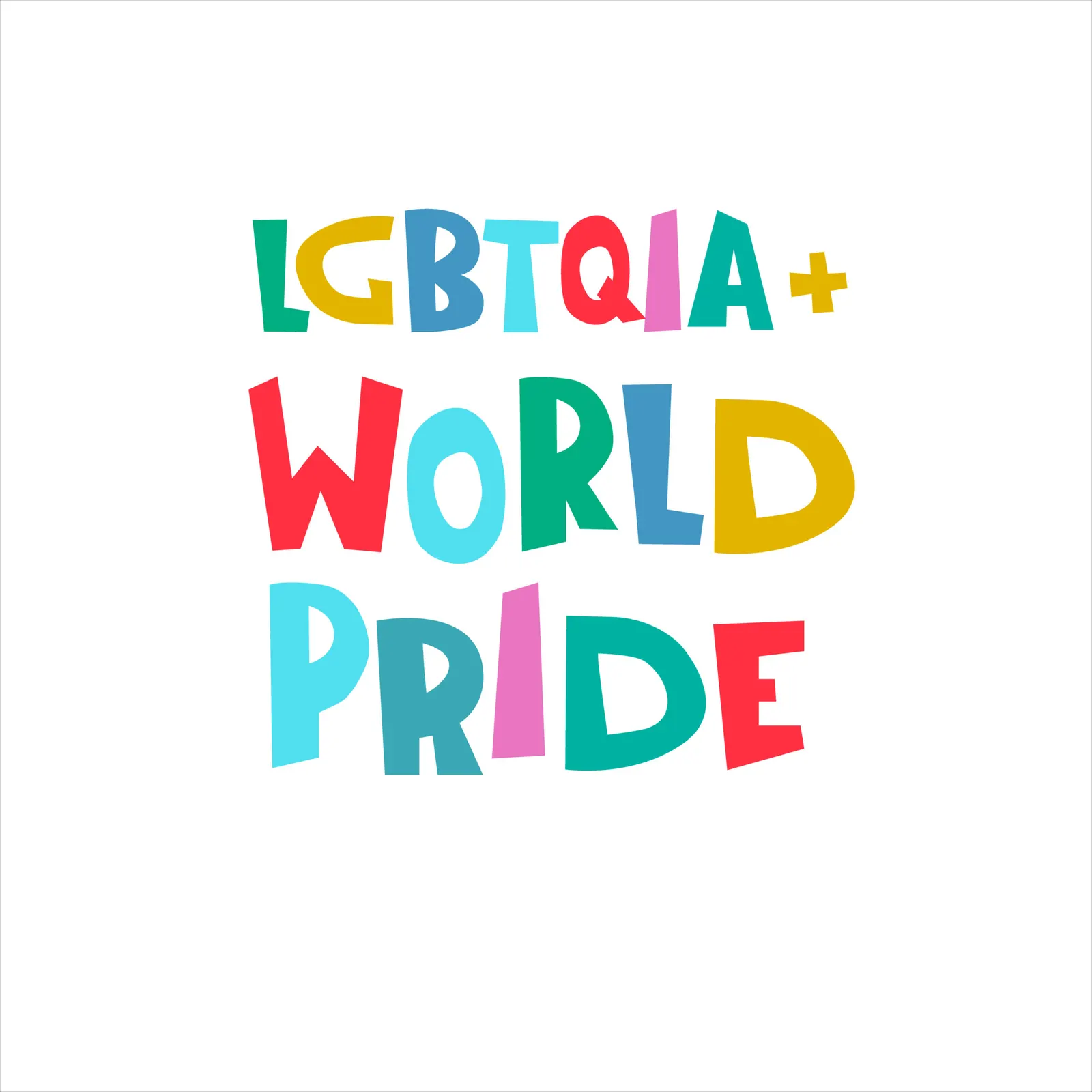 Bunter Schriftzug LGBTQIA+ World Pride in Regenbogenfarben auf weißem Grund