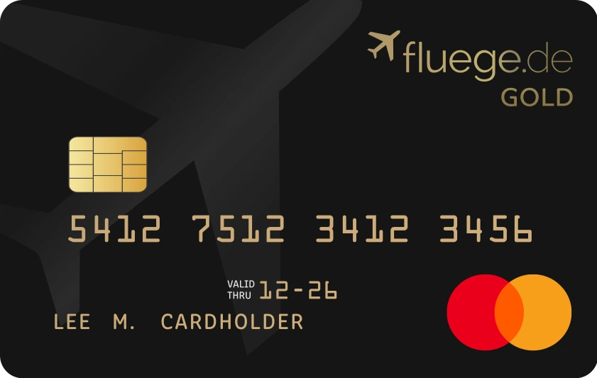 Schwarz-goldene fluege.de Mastercard Gold mit Chip und Kartennummer