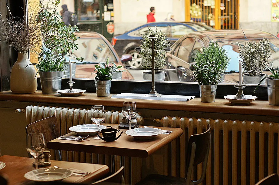 Gedeckte Restauranttische an einer Fensterbank mit Topfkräutern, dahinter parkende Autos