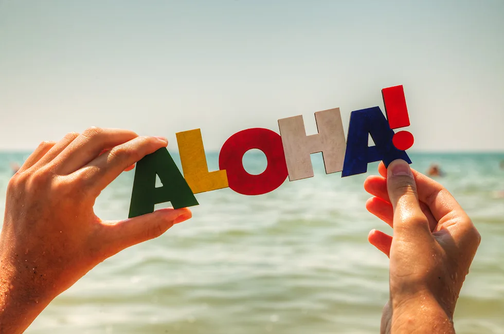 Zwei Hände halten bunte Buchstaben mit dem Wort Aloha vor das Meer