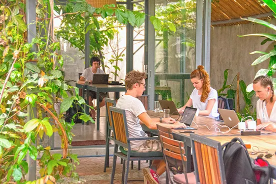 Vier Menschen arbeiten an Laptops auf einer begrünten Terrasse hinter Glaswänden