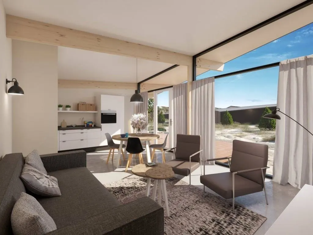 Wohnraum eines Dünenhauses mit Sofa, Essplatz und Panoramafenster zur Düne, Visualisierung
