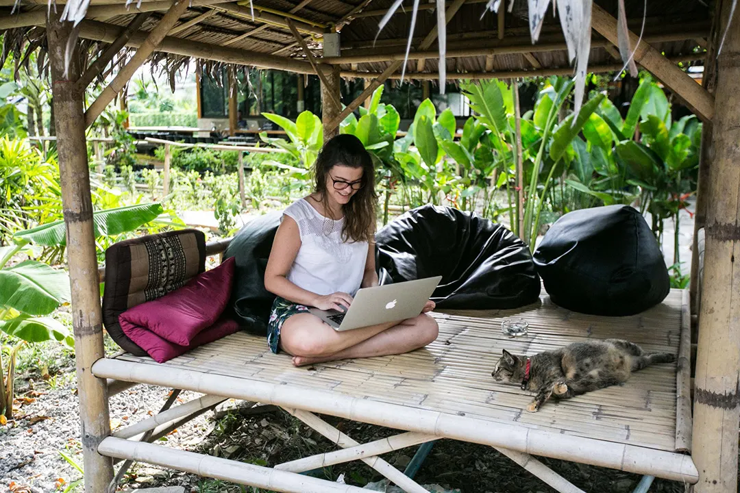 Frau sitzt mit Laptop auf einer Bambusplattform, neben ihr schläft eine Katze