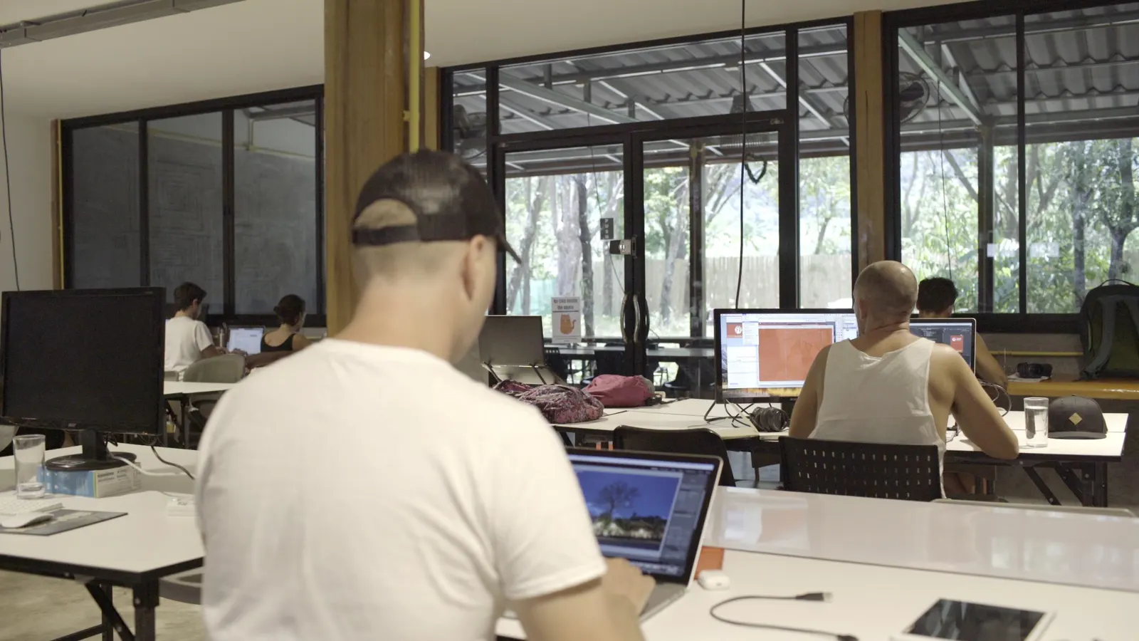 Coworking-Raum mit Bildschirmen und Laptops, Arbeitende von hinten, Fensterfront zum Grün