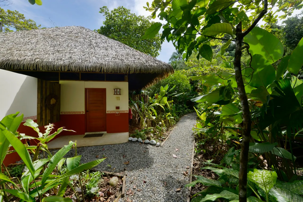 Bungalow mit Palmdach und rot bemaltem Sockel am Kiesweg im Regenwald