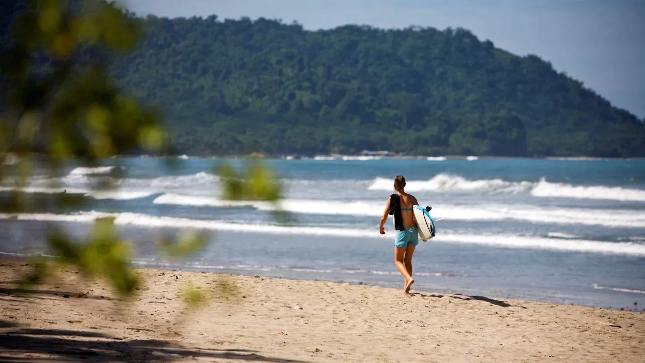 Surfer trägt sein Board über den leeren Strand, dahinter eine bewaldete Landzunge