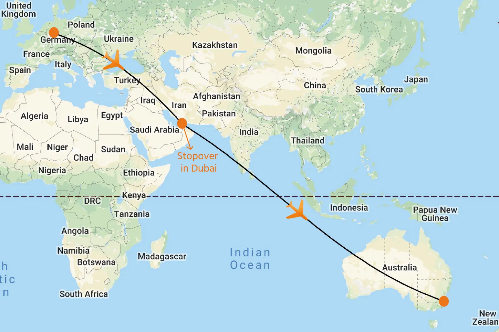 Beispiel: Stopover in Dubai auf dem Weg nach Sydney.
